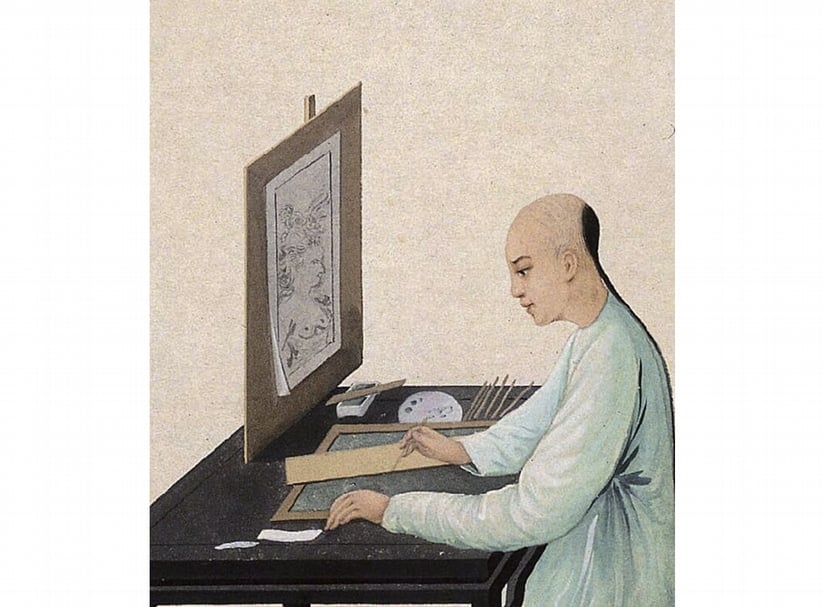 圖1 〈中國畫家正在繪製玻璃背畫〉，紙本水粉。圖為局部。