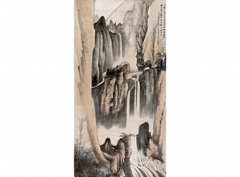 孫雲生1963年作〈千巖飛瀑〉，194.5×102公分，北京誠軒2012年秋拍，成交價人民幣40.25萬元。