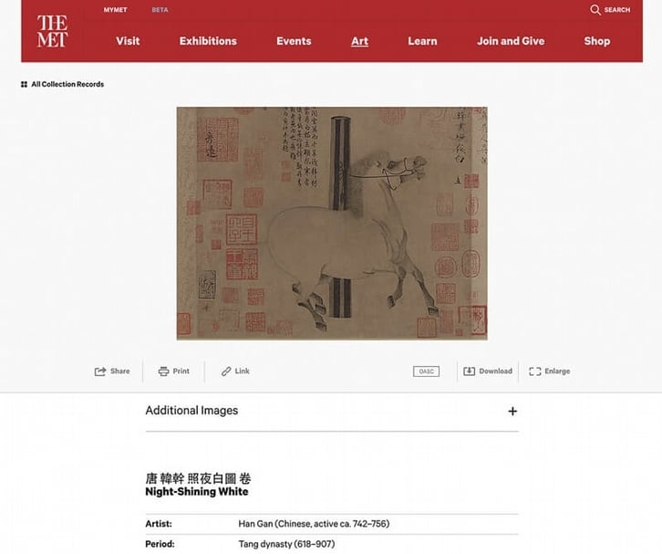 美國大都會藝術博物館官方網頁,以館藏唐韓幹〈照夜白〉為例,除提供詳實的文物尺寸、材質、時代及來源等基本資訊,圖片下方有一「download」鍵,點選後即可下載高解析圖檔。圖/擷取自美國大都會藝術博物館官網。