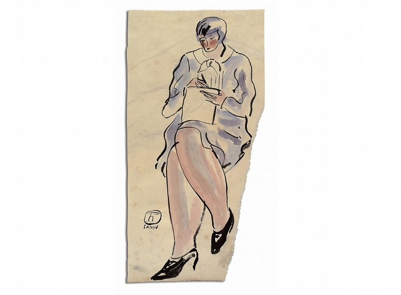 常玉《紫洋裝女士》．水墨、水彩紙本．1920／30。預估價：250,000-350,000港元。