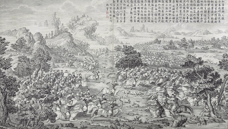 清乾隆內府銅版印本〈平定伊犁回部戰圖〉16幅之一，北京首都圖書館藏。圖╱取自網路。