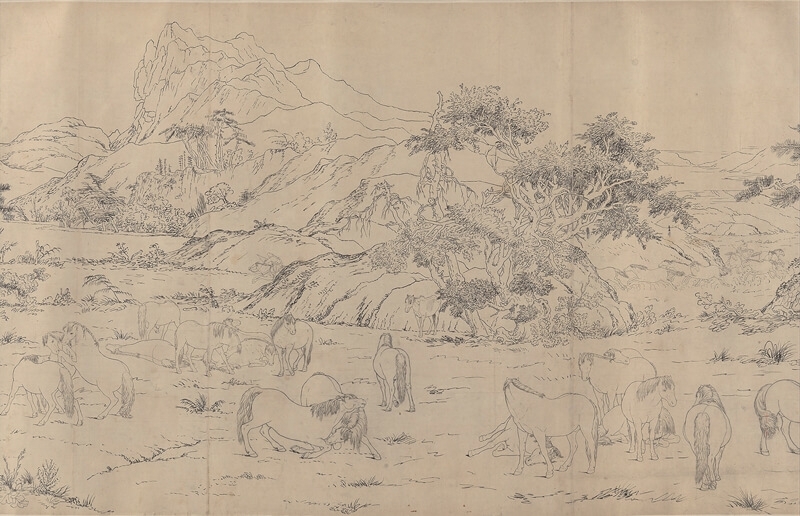 清郎世寧〈百駿圖〉稿本，美國大都會博物館藏。圖為局部。圖╱取自大都會博物館官網。