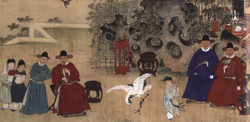 明呂紀、呂文英合作的〈竹園壽集圖卷〉，北京故宮藏。圖為局部。