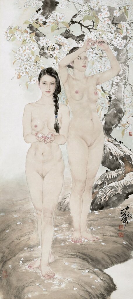何家英〈梨花雙嬌圖〉，110.2×50.3 公分。