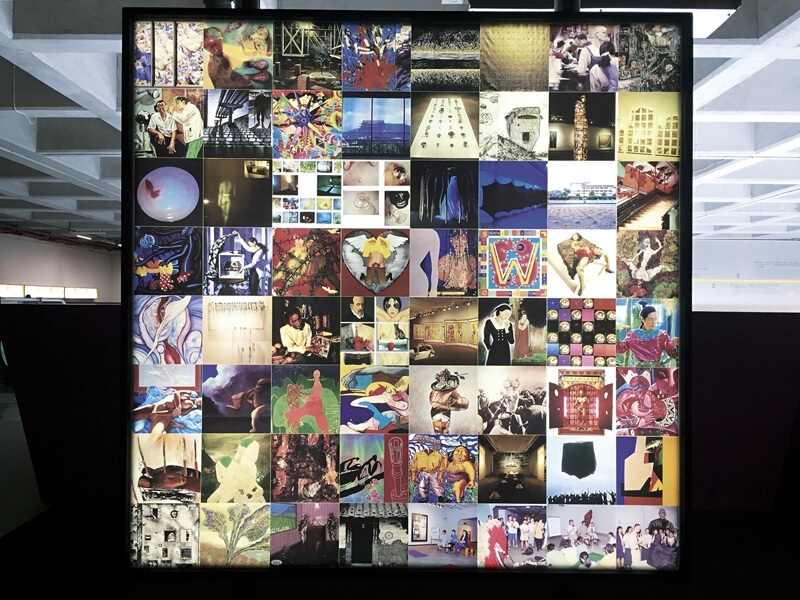 「朗誦／文件：台北雙年展 1996-2014」中的燈箱，圖為1996年展出作品縮圖。（攝影／林怡秀）