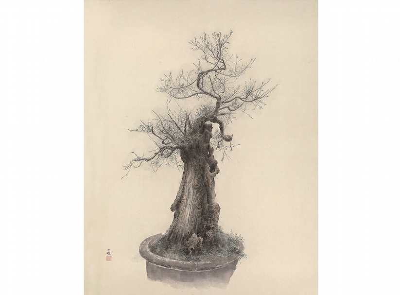 圖1 曾小俊〈盆景 I〉，紙本設色，180×138 公分。圖︱埃斯卡納齊（Eskenazi）& Paton Arts