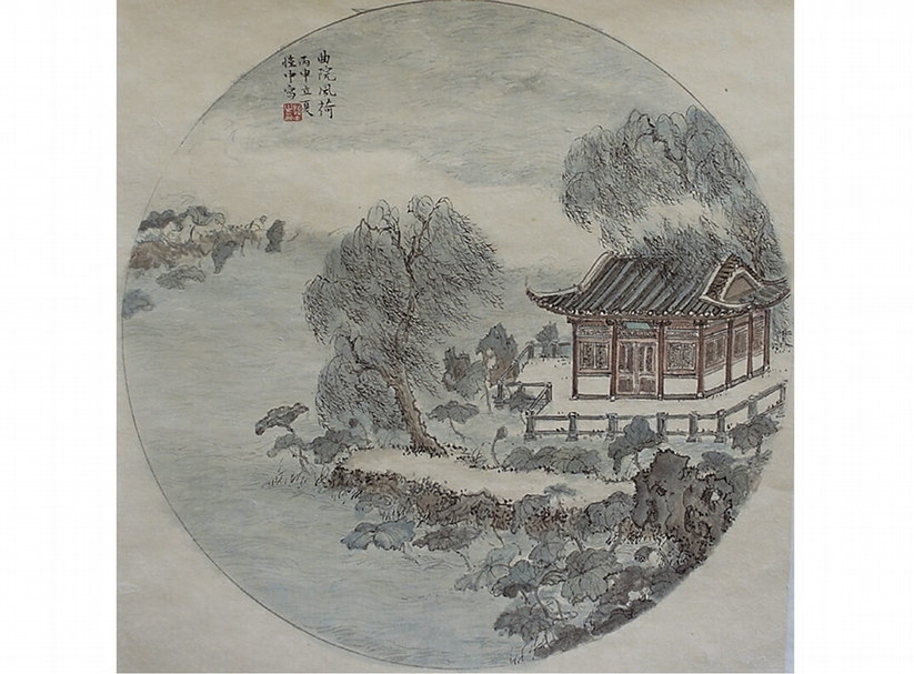 王愷中〈曲院風荷〉團扇，33×33公分。
