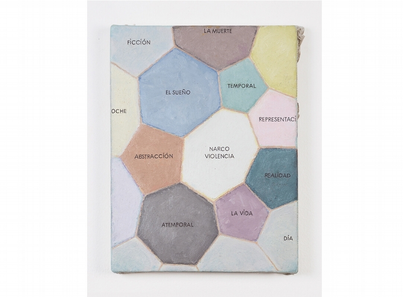 法蘭西斯．阿里斯《無題》．油彩、畫布、木材．21.9×16.5 cm．2013。此圖為阿里斯將華雷斯城的社會問題與生活理想視覺化的彩色圖表。