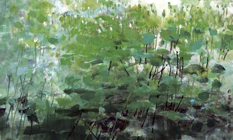 石齊2009年作〈倚墨荷〉，63.3×103.5公分。