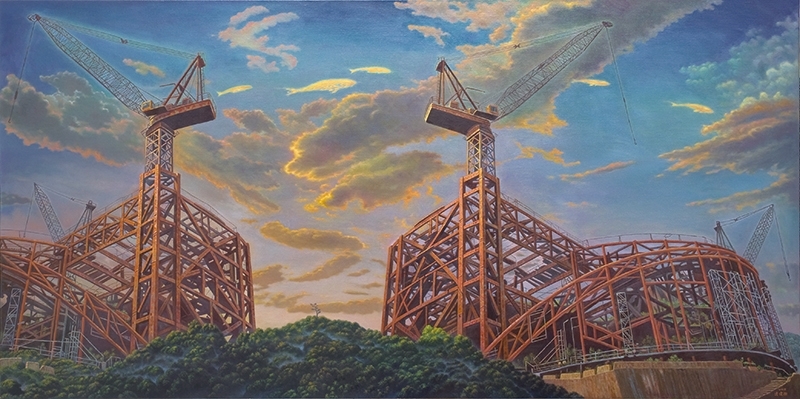 連建興《群鯨東遊2》．油彩、畫布．97×194．2008。連建興提供