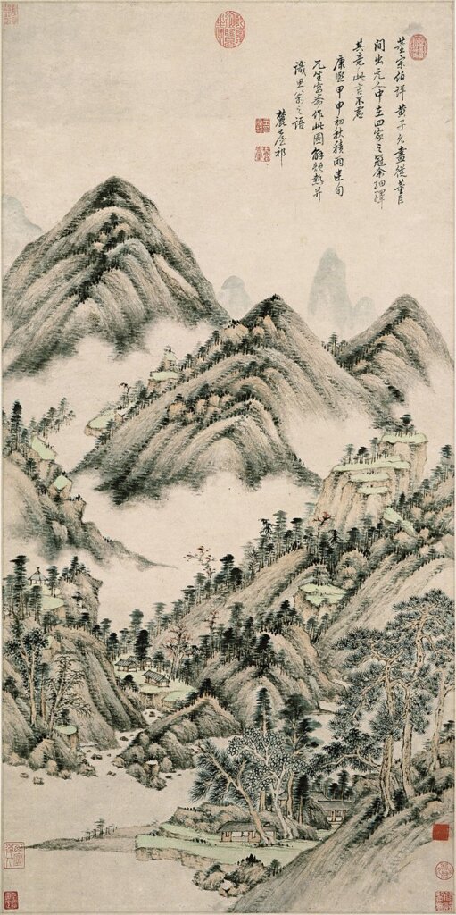 王原祁1704年作〈仿黃子久山水〉立軸，設色紙本，曹氏家族收藏。©photo by Michael Tropea。