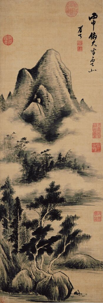 陳繼儒1596年作〈仿大米雲山〉立軸，水墨絹本，曹氏家族收藏。©photo by Michael Tropea。