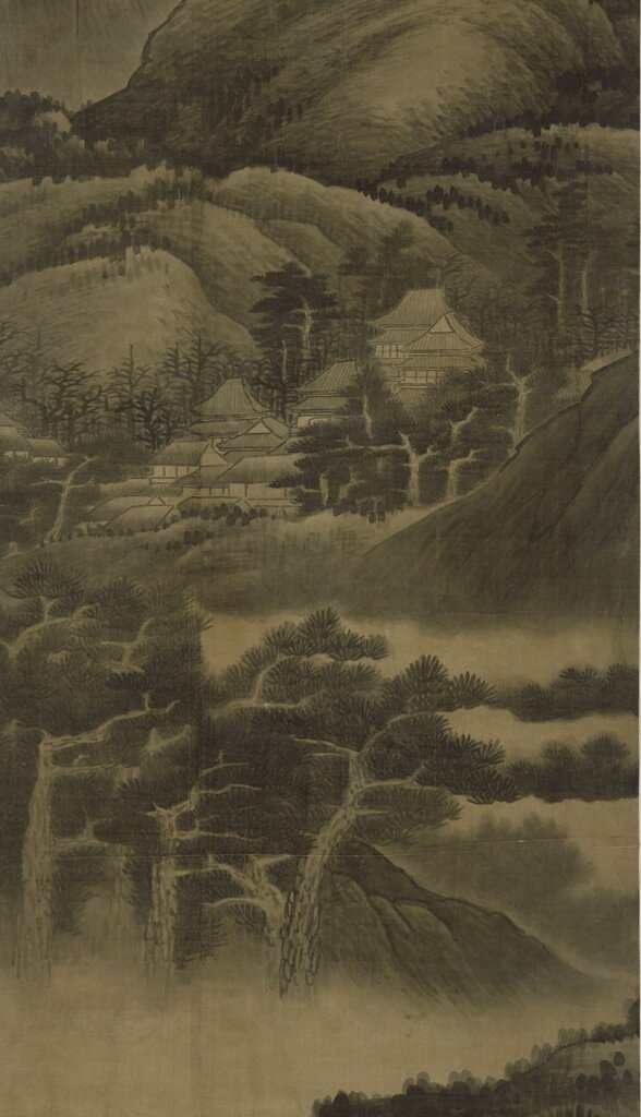 龔賢1674年作〈山水通景四屏巨幅〉立軸，水墨絹本，曹氏家族收藏。圖為其中一屏之局部。©photo by Michael Tropea。