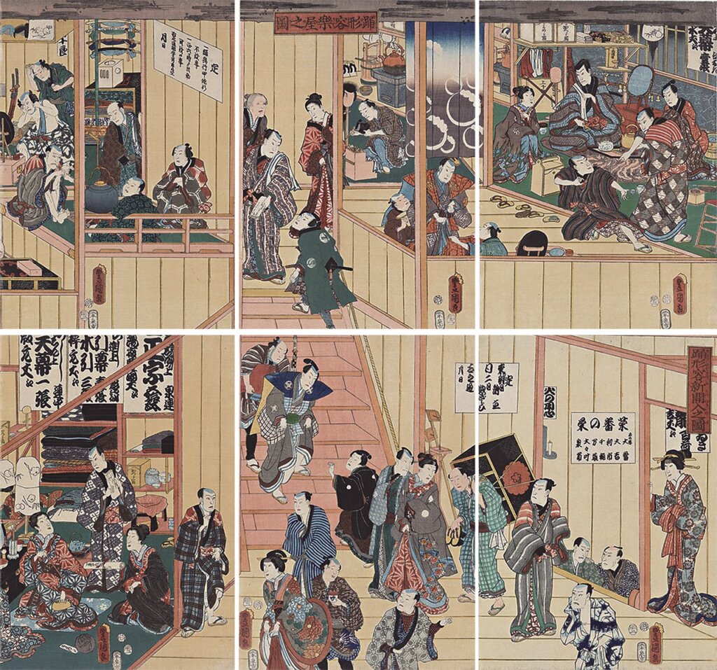 歌川國貞〈後台及化粧間〉（1856），Museum of Fine Arts，Boston。William Sturgis Bigelow Collection，11.28578-80, 11.28581-3。Photographs©Museum of Fine Arts，Boston。圖為局部（上半部）。