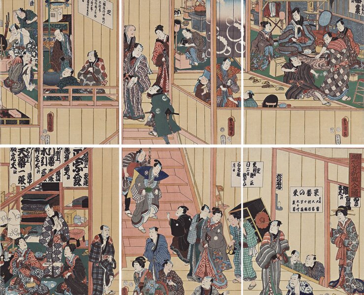 歌川國貞〈後台及化粧間〉（1856），Museum of Fine Arts，Boston。William Sturgis Bigelow Collection，11.28578-80, 11.28581-3。Photographs©Museum of Fine Arts，Boston。圖為局部（上半部）。