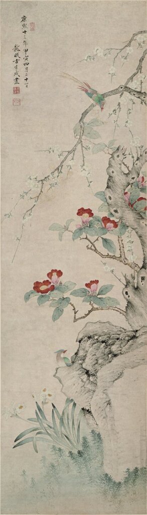 方亨咸1674年作〈花鳥〉立軸，設色紙本，曹氏家族收藏。©photo by Michael Tropea。