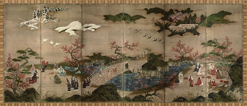 【南院特展搶先看】16世紀狩野秀賴〈高雄觀楓圖〉屏風，東京國立博物館藏。畫面右側為京都高雄的神護寺，左側遠處則是通往神社的參拜道路，前景則描繪楓紅美景及賞楓享樂的遊人。作品在構圖上左右平衡，色彩鮮豔濃厚。