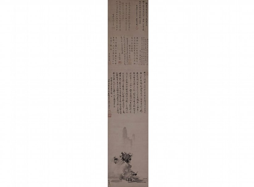 【南院特展搶先看】日本室町時代雪舟〈破墨山水圖〉，東京國立博物館藏。此作是雪舟赴明回日後創作，並在題跋中寫到他和中國畫家的關係。畫家純粹運用墨色的濃淡變化，讓前後景的層次分明，並透過渲染帶出禪意。