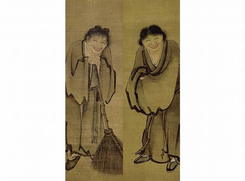 【南院特展搶先看】元（傳）顏輝〈寒山拾得圖〉對幅，東京國立博物館藏。寒山、拾得二人是中國唐代傳奇禪僧，為禪宗繪畫的常見主題。繪畫使用粗放的筆觸去表現衣紋，風格灑脫不羈。
