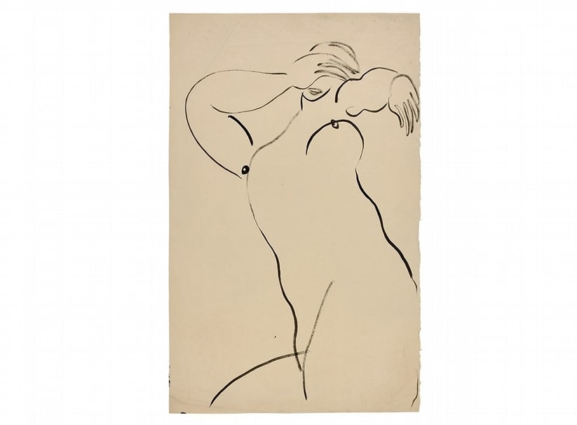 常玉,“Nu-se-couvrant-le-visage”,-1930,-水墨紙本,-45-x-28-cm,-Jean-Claude-Riedel-私人收藏（估價為10,000---15,000-歐元）SANYU-Nu-se-couvrant-le-visage-collection-Riedel-_Artcurial