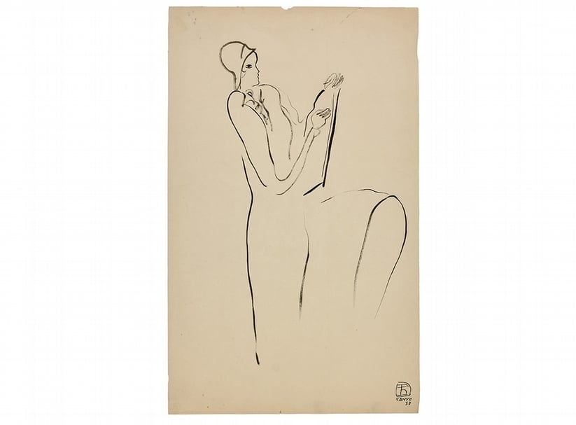 常玉,《端坐的女人》“Femme-assise-de-profile-dessinant”,-1930,-水墨紙本,-47-x-28-cm,-Jean-Claude-Riedel-私人收藏（估價為8,000---10,000-歐元）SANYU-Femme-assise-de-profile-dessinant-collection-Riedel-_Artcurial