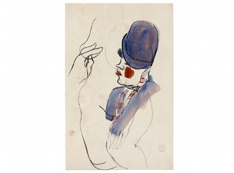常玉,《戴藍帽子的女人》-“Femme-au-chapeau-bleu”,-水彩及水墨紙本,-46-x-30-cm,-Jean-Claude-Riedel-私人收藏（估價為20,000---30,000-歐元SANYU-Femme-au-chapeau-bleu-collection-Riedel-_Artcurial