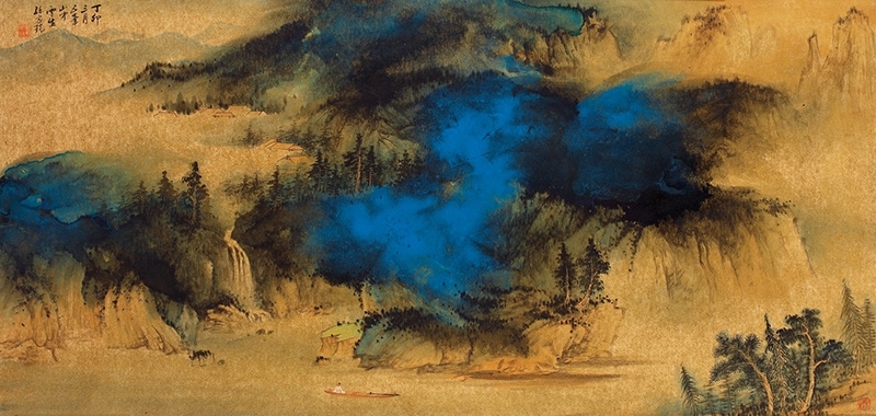 孫雲生，舟行煙嵐間，50x104cm。