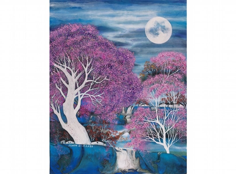 廖美蘭，月色映花紅，複合媒材，60x76cm，2016。