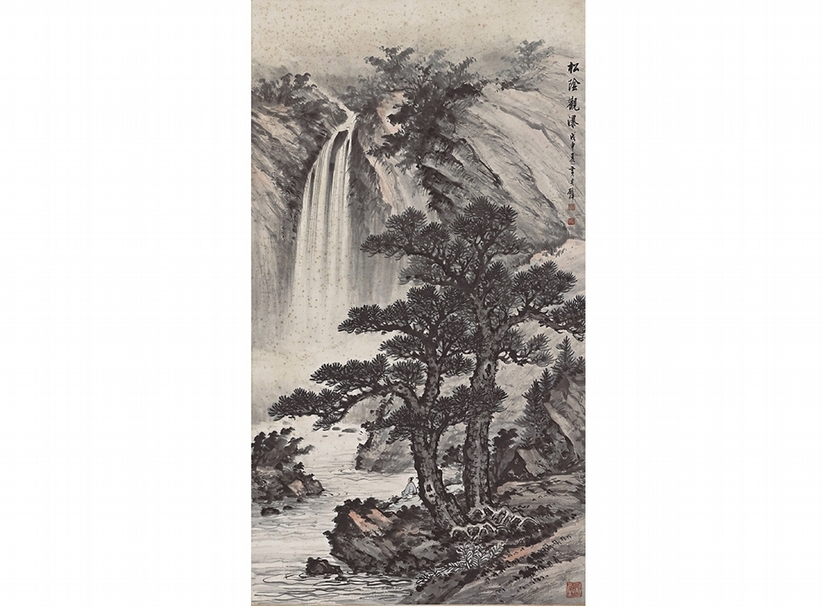 黃君璧〈松蔭觀瀑〉，213.5×112公分。圖∣國立台灣圖書館陽明山中山樓管理所