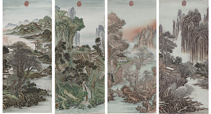 張志湯、何金海〈四季淺絳瓷版畫〉，各130×66公分。圖∣國立台灣圖書館陽明山中山樓管理所