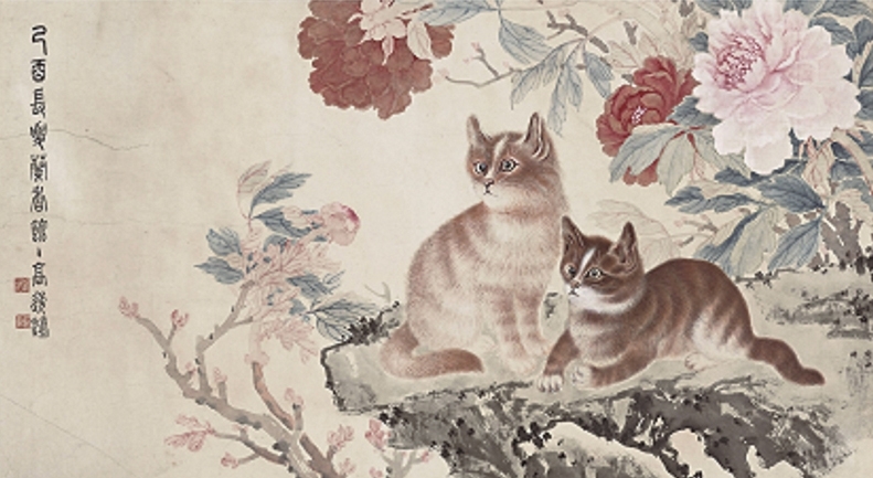高逸鴻〈三花二貓〉，71×127公分。圖∣國立台灣圖書館陽明山中山樓管理所