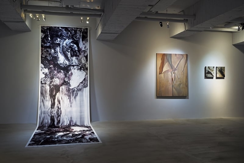 展場一隅，右為克魯斯（Marina Cruz）《呼吸的圖樣》一作，左為伊斯塔柯（Patricia Eustaquio）以數位印刷與天鵝絨材質完成的作品《初生之石》。（安卓藝術提供）