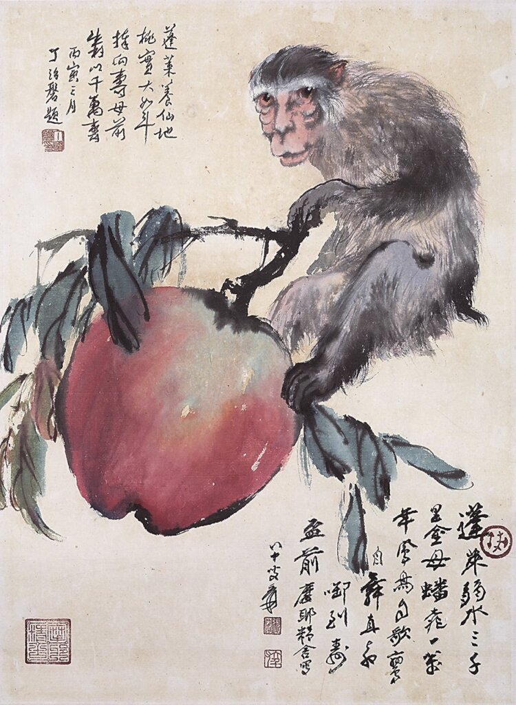 張大千〈金猴獻壽圖〉，紙本設色鏡框。