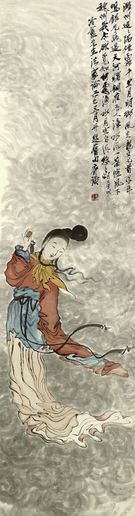 齊白石1929年作〈紅線盜盒〉，立軸設色紙本，137×36公分。