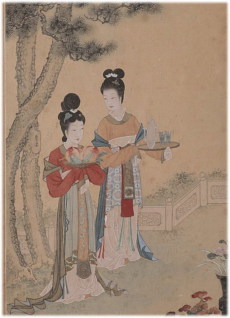 〈仕女屏風〉仕女手持蟠桃、爵杯，宛如仙女，隱喻慶祝國父百歲誕辰的祝壽意涵與吉祥的喜氣。