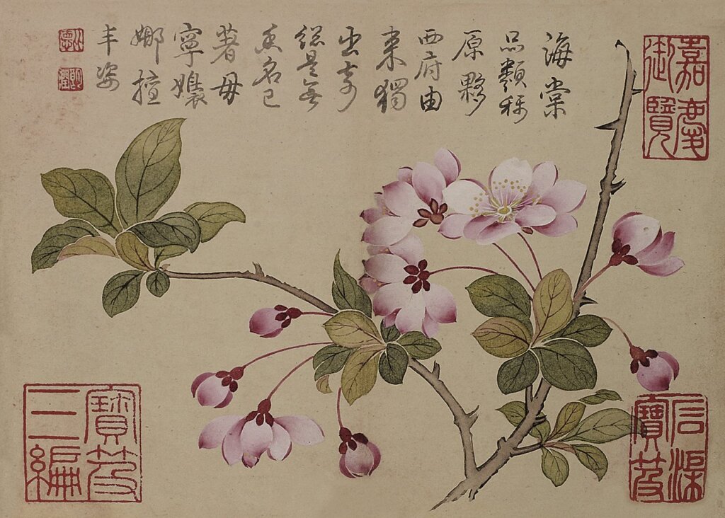 錢維城〈花卉圖〉，乾隆御題，設色紙本冊頁八開，13×18.5公分。圖為局部。