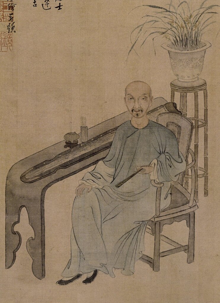 清代王肇基〈王夢樓撫琴圖〉，54×26.4公分，北京故宮博物院藏。圖為局部。圖╱本刊資料室。