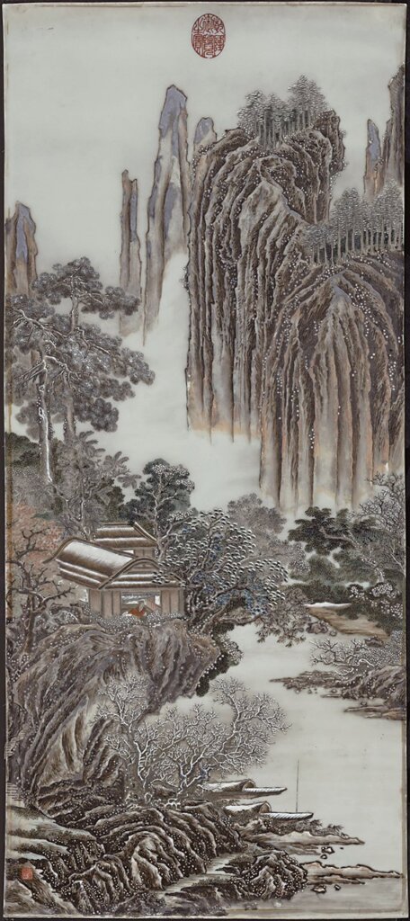中山樓的鎮館之寶〈四季淺絳瓷版畫〉。圖為其中兩件。圖╱國立臺灣圖書館陽明山中山樓管理所提供。