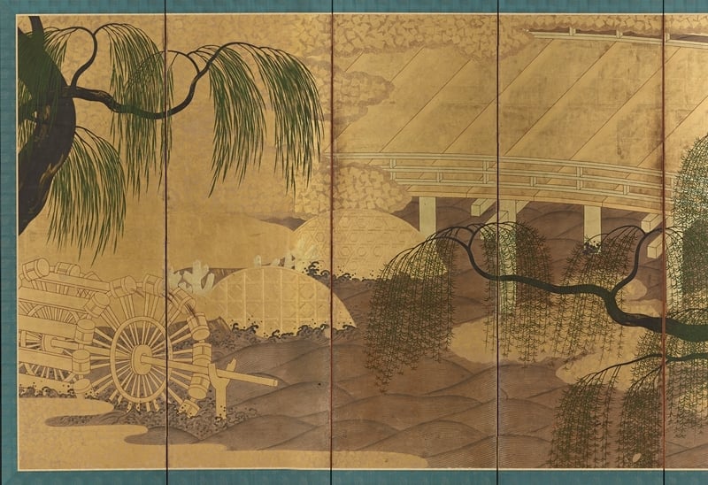 圖5 安土桃山時代16世紀〈柳橋水車圖屏風〉，各面154.8×327.5公分，日本重要美術品，東京國立博物館藏。圖為局部。圖︱東京國立博物館