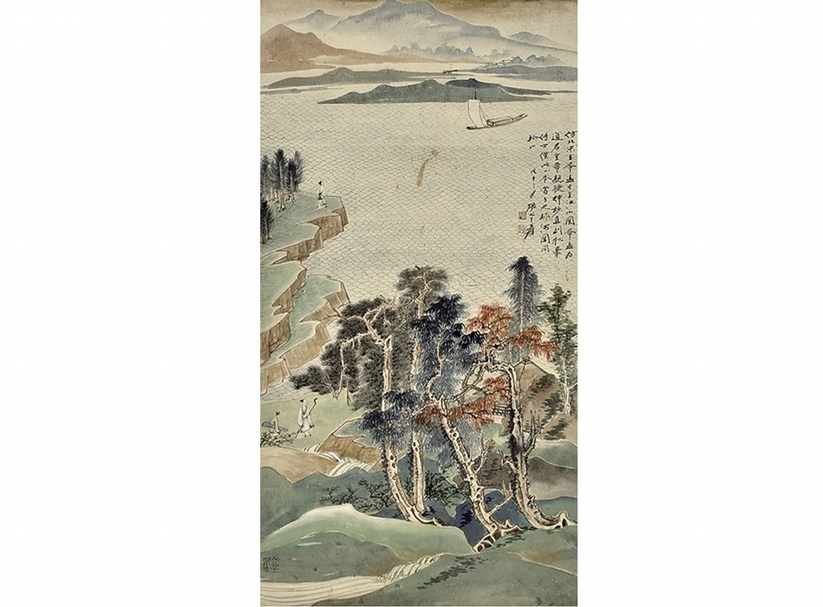 圖8 張大千1948年作〈仿王希孟千里江山圖軸〉，80.5×42.5公分，鴻禧美術館藏。圖∣鴻禧美術館