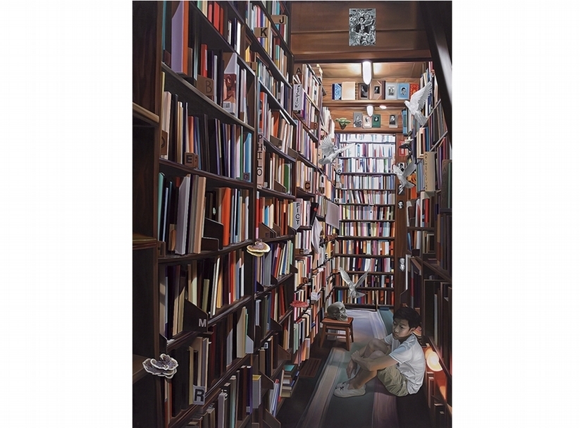 洪京澤《圖書館―鴿子飛起的那一刻》．布面油彩．259×194 cm．2016。圖／僑福芳草地畫廊
