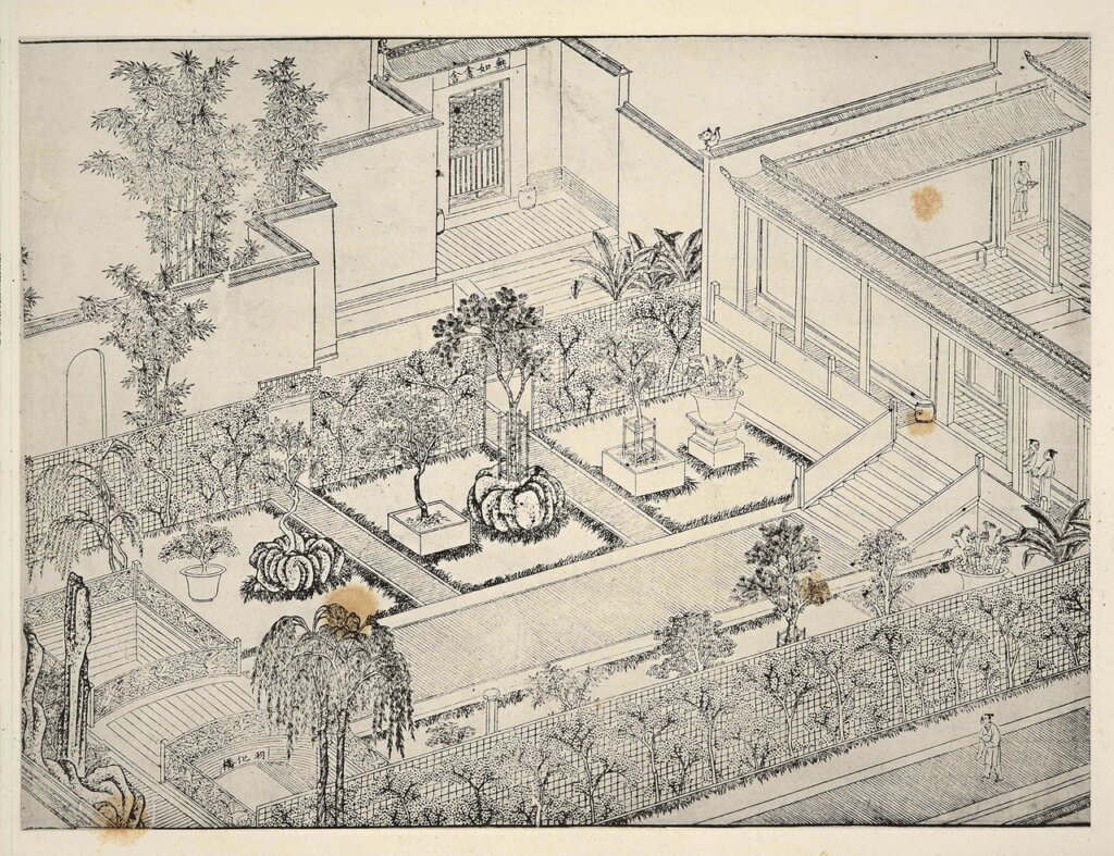 明萬曆《環翠堂園景圖》局部，錢貢繪，黃應組刻，汪廷訥徽州汪氏環翠堂刊，水墨紙本木刻版，1981年重刊影印本，美國Richard Strassberg藏。