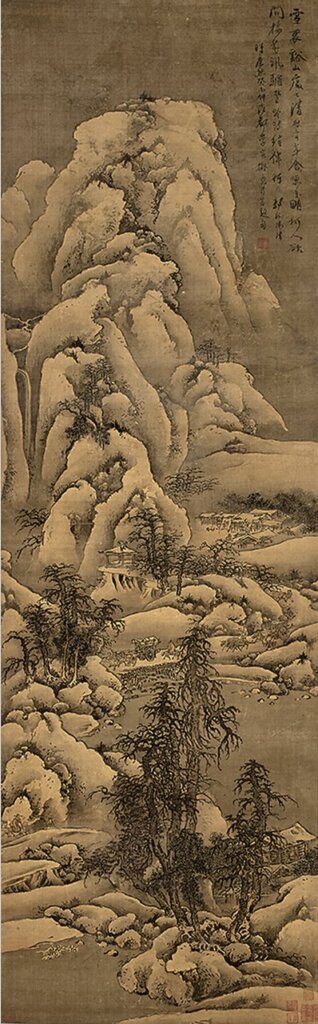 李寅1693年所作〈谿山行旅圖〉，155.5×48公分，鴻禧美術館藏。