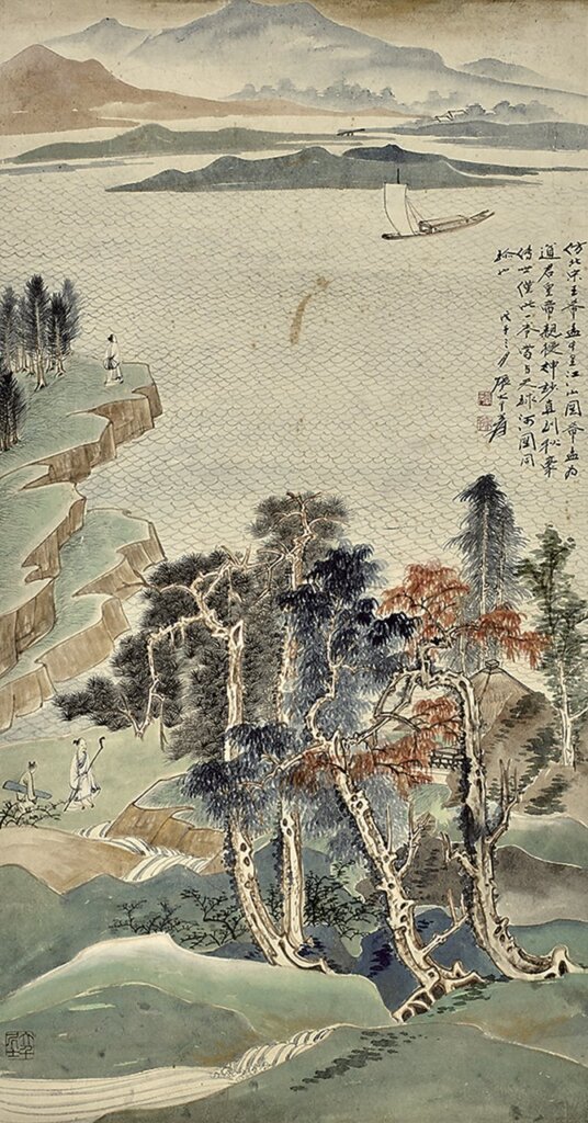 張大千1948年作〈仿王希孟千里江山圖軸〉，80.5×42.5公分，鴻禧美術館藏。