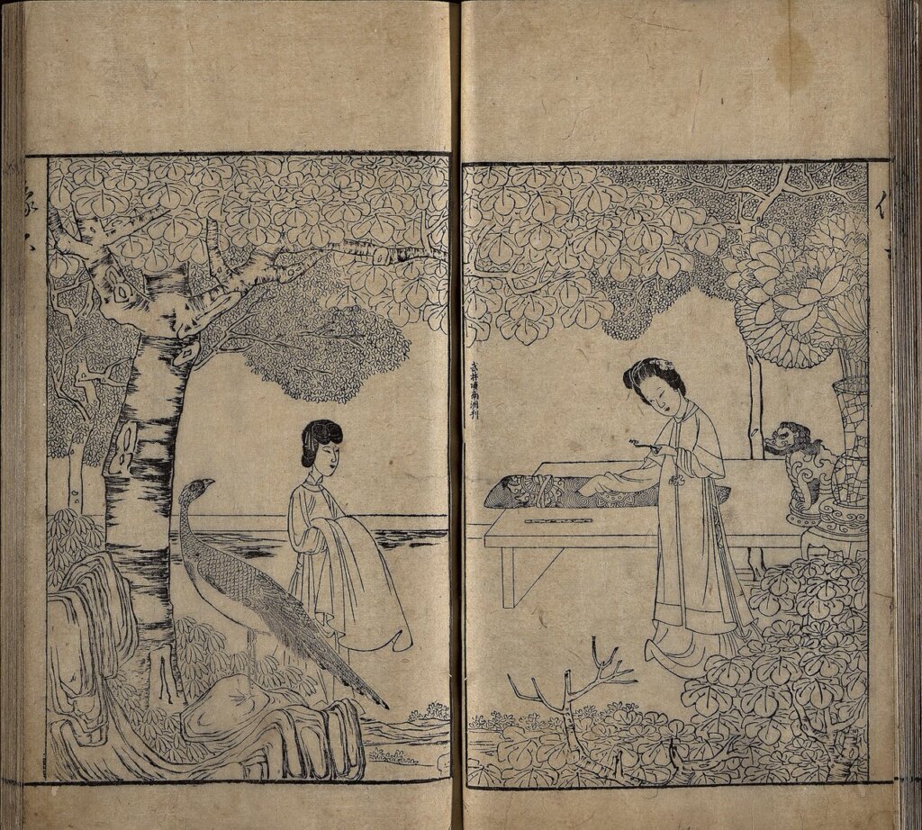 明崇禎《張深之先生正北西廂秘本》局部，張道濬編輯，陳洪綬繪，項南洲刻，水墨紙本木刻版，中國國家圖書館藏。