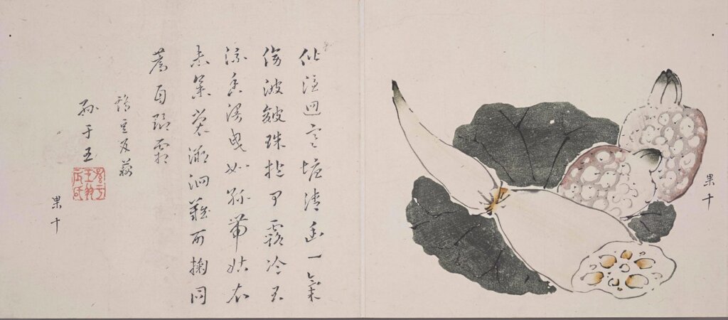 明崇禎至清初《十竹齋書畫譜》局部二處，胡正言輯選，胡正言等繪，汪楷等刻，冊頁，南京胡氏十竹齋餖版套印，彩墨紙本木刻版，美國漢庭頓圖書館藏。