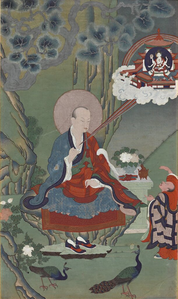 清代18世紀〈羅漢唐卡組畫之一：伐闍羅佛多尊者〉，礦物彩棉布原金色絹質裝裱，畫心102.3×60.4公分。