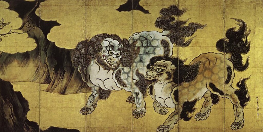 狩野永德〈唐獅子圖屏風〉，日本宮內廳三之丸尚藏館藏。圖為部分。