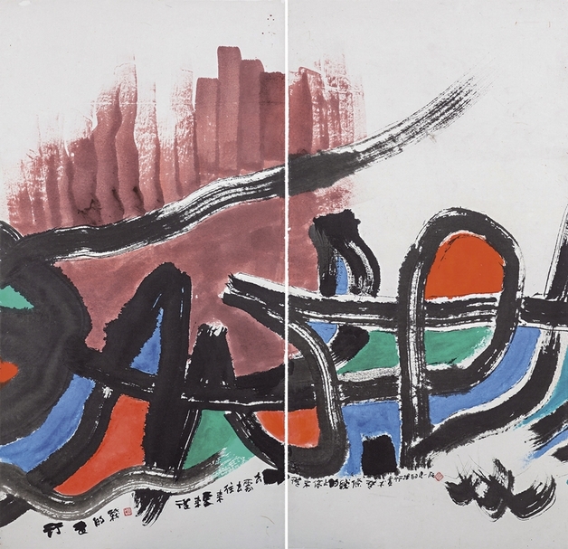 楚戈《行走的線》．水墨、壓克力彩、紙本．143.2×74.5 cm（左）／143.2×74.2 cm（右）。圖／尊彩藝術中心