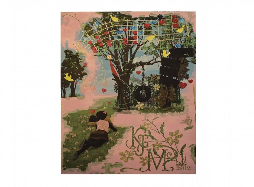 馬歇爾Kerry James Marshall│Untitled (Vignette) Acrylic and glitter on PVC panel 182.9x152.4cm 2012 Collection of Martin Nesbitt and Dr. Anita Blanchard ©Kerry James Marshall